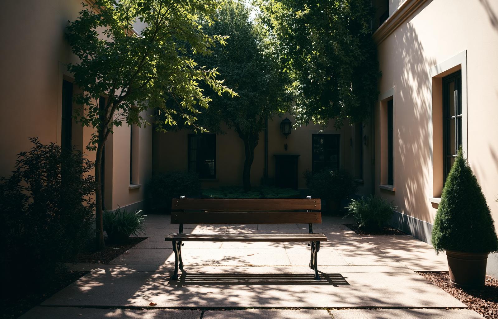 A quiet bench in a sunlit garden courtyard