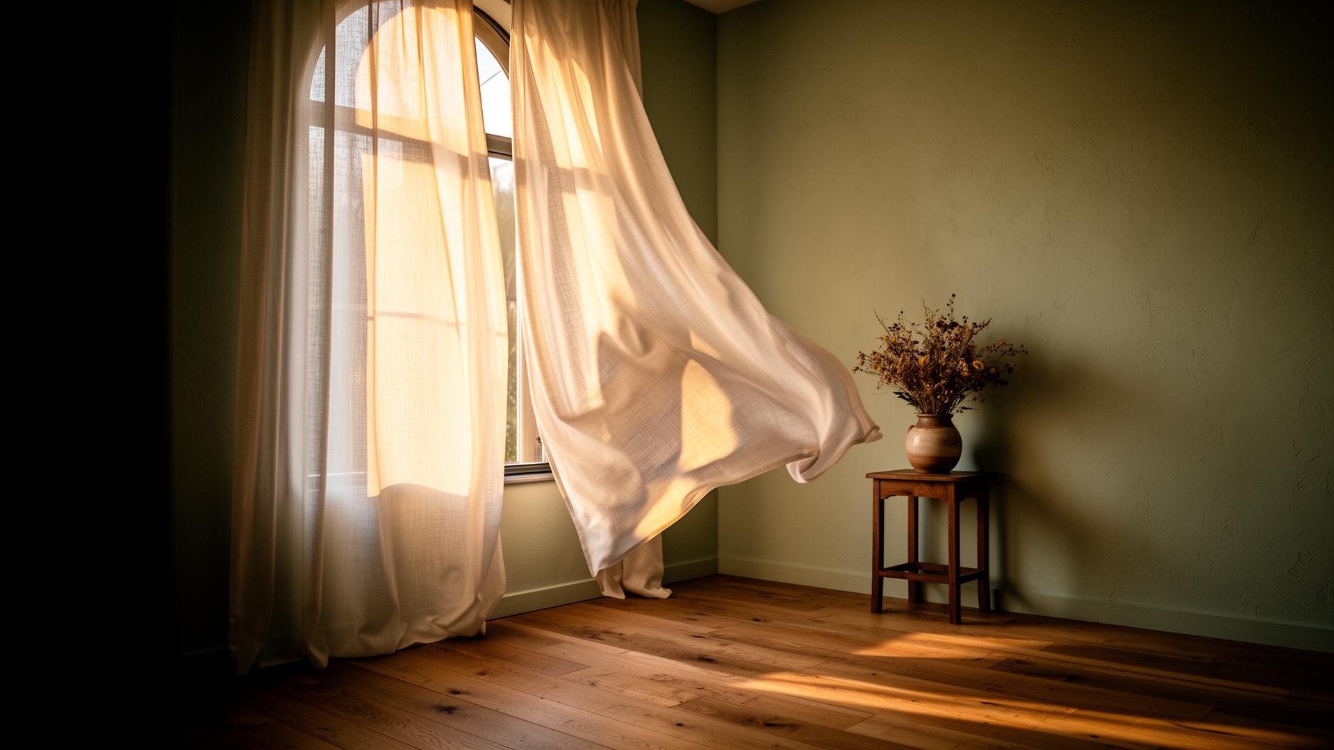 A window with a flowing sheer curtain catching warm afternoon light